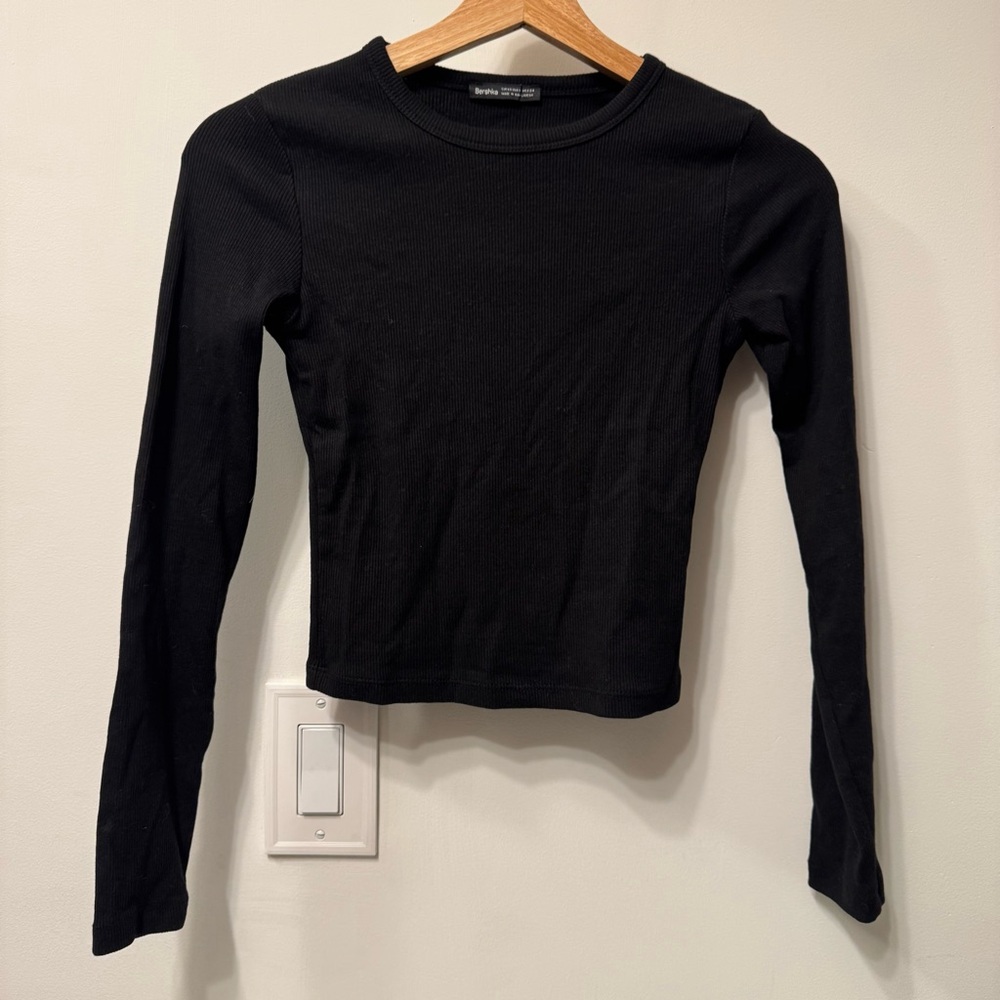 Bershka Ribbed Black Long Sleeve Tee Essential